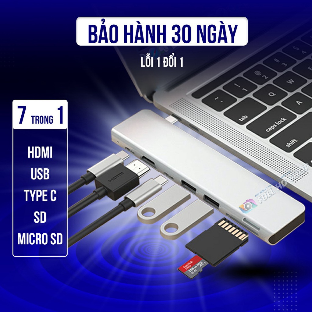 Cổng Chuyển Đổi Type C Sang HDMI/USB/ Type C/Đầu đọc thẻ nhớ Phụ Kiện Macbook Chia Cổng 7 trong 1 Full HD Shop Mã HD16