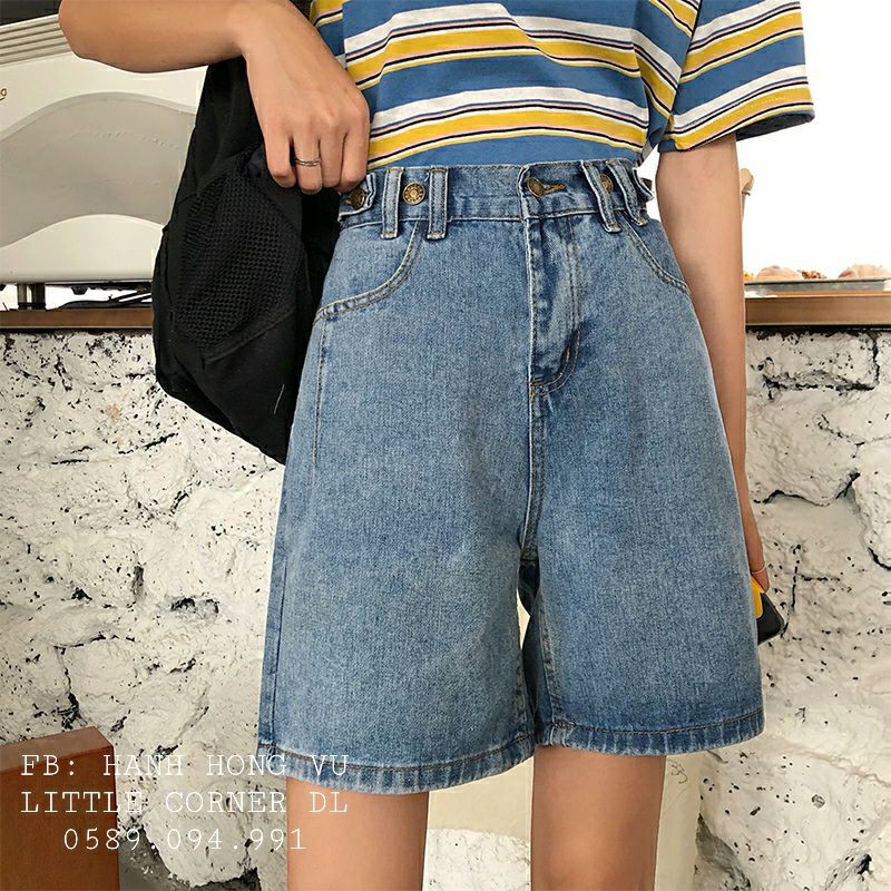Quần ngố lửng short jean ống rộng lưng cao phối nút hông xếp ly túi form ulzzang kèm ảnh thật