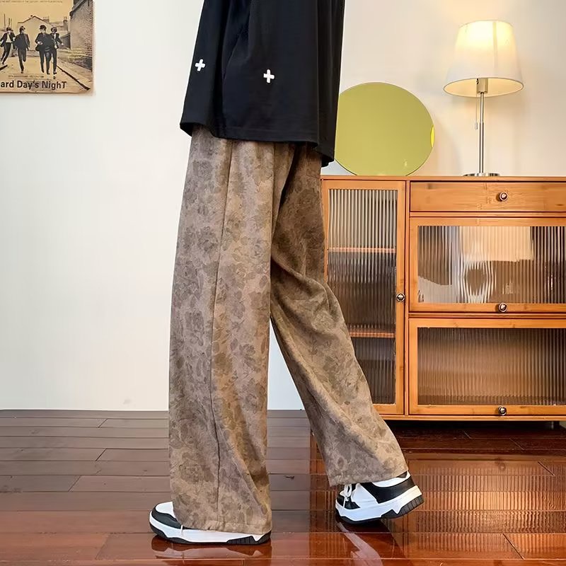 Quần Dài Dây Rút Ống Suông Rộng In Họa Tiết Phong Cách Hong Kong Cổ Điển Thời Trang Xuân Thu Cho Nam Size M-3XL