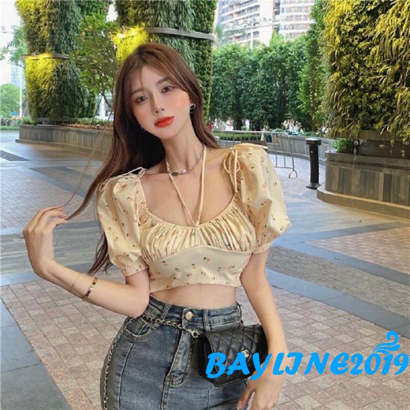 Áo croptop trễ vai tay phồng ngắn in họa tiết hoa thời trang mùa hè cho nữ