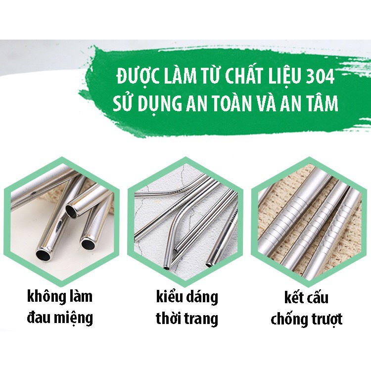 Bộ 3 Ống Hút Bằng Thép 304 Không Gỉ 3 Kích Thước - Tặng Cọ Rửa