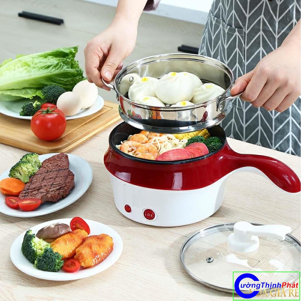 Nồi lẩu điện mini chống dính có giá hấp inox