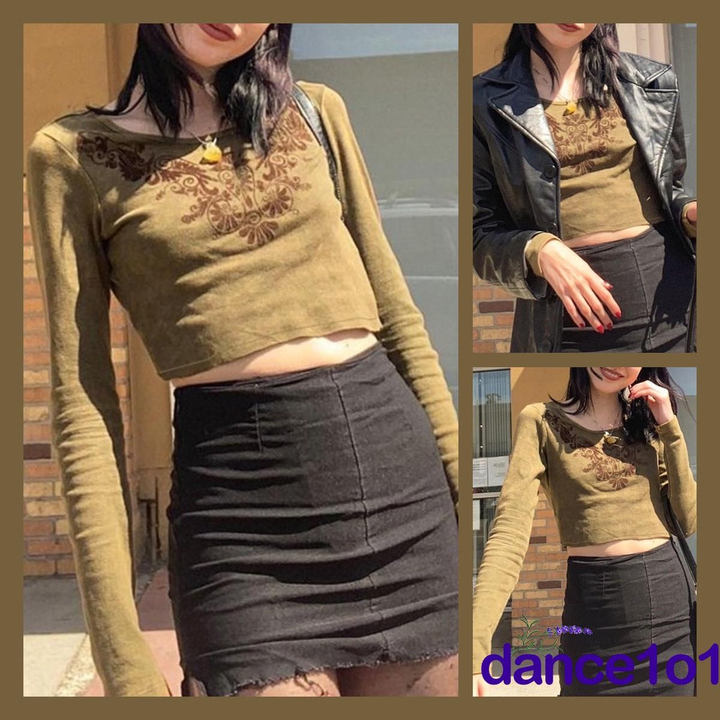 Áo croptop tay dài cổ tròn in họa tiết hoa xinh xắn cho nữ