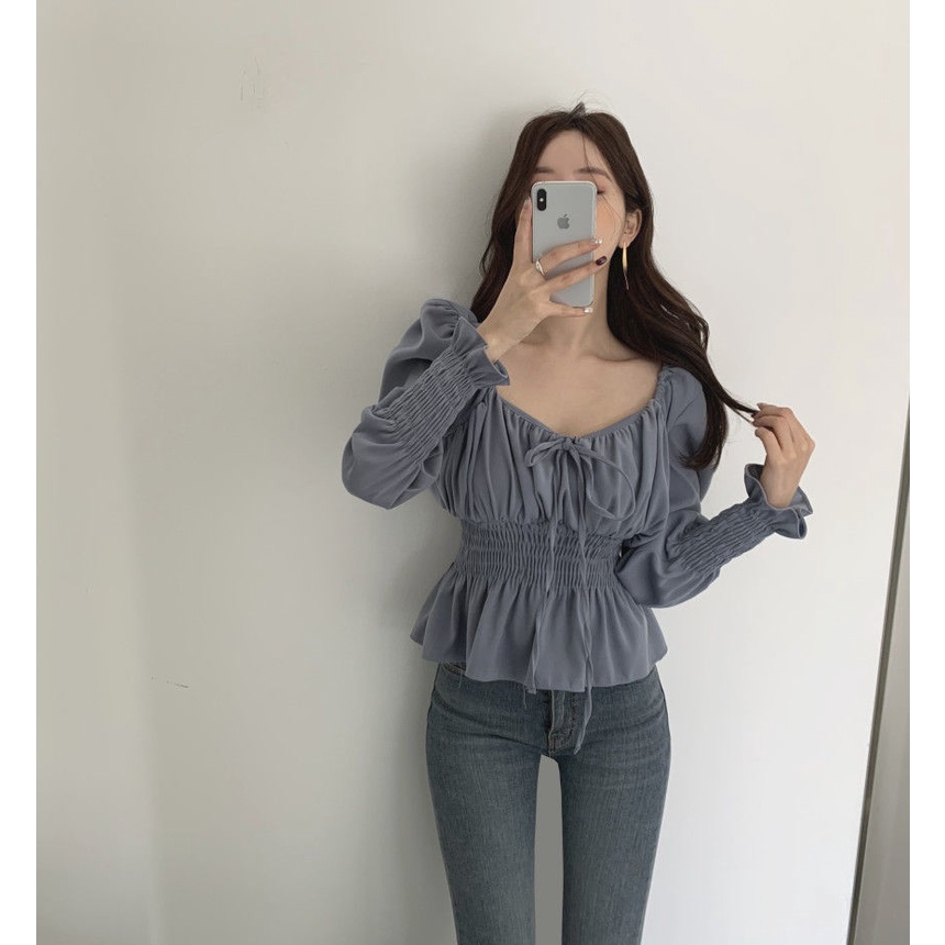 COZOK Áo Sơ Mi Tay Dài Cổ Vuông Nhấn Eo Phong Cách Retro Nữ Tính