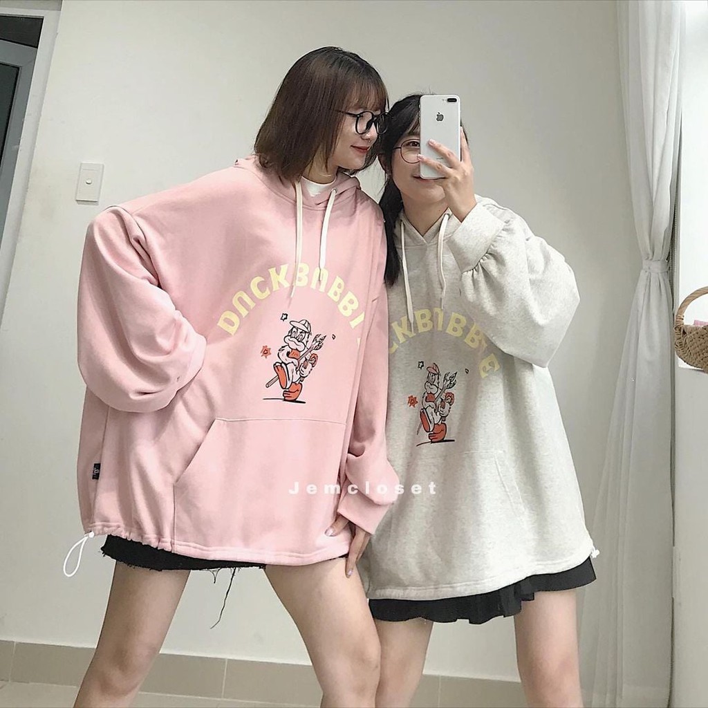 Áo Hoodie Nữ Form Rộng Dài Tay JEMCLOSET Unisex Có Mũ Và Họa Tiết Trước Ngực DUCKBUBBLE - 10002