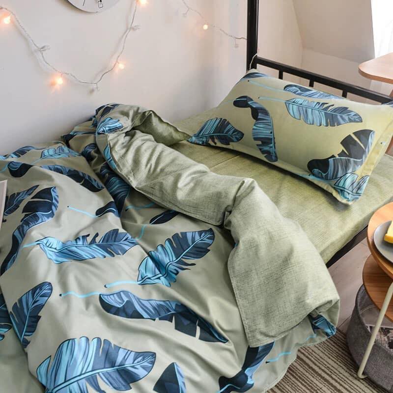 SET VỎ CHĂN - GA - GỐI COTTON PHA -lá chuối xanh