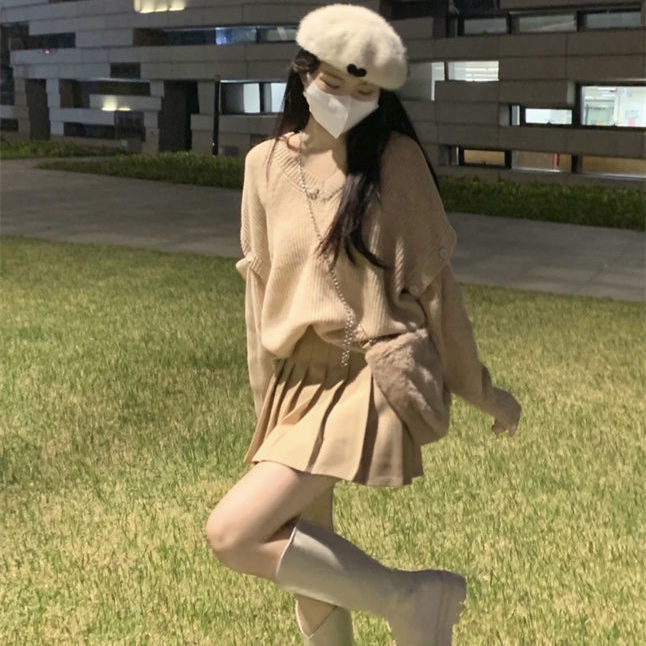 Bộ Áo sweater Cổ Chữ V Màu Sắc Trơn Phối Chân Váy Xếp Ly Lưng Cao Ôm Dáng Thời Trang Cho Nữ