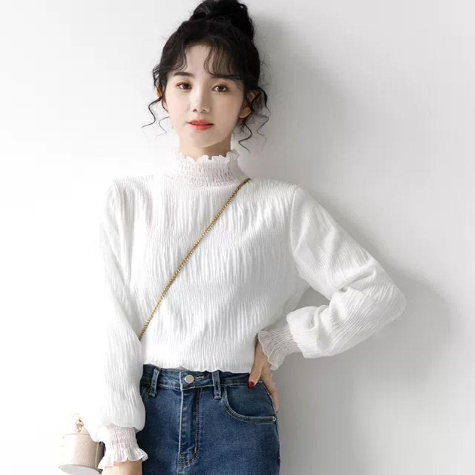 [LININ] Áo Sơ Mi Voan Dày Lót Lông Cừu Cổ Lọ Màu Trắng Phong Cách Mới Mùa Đông Cho Nữ