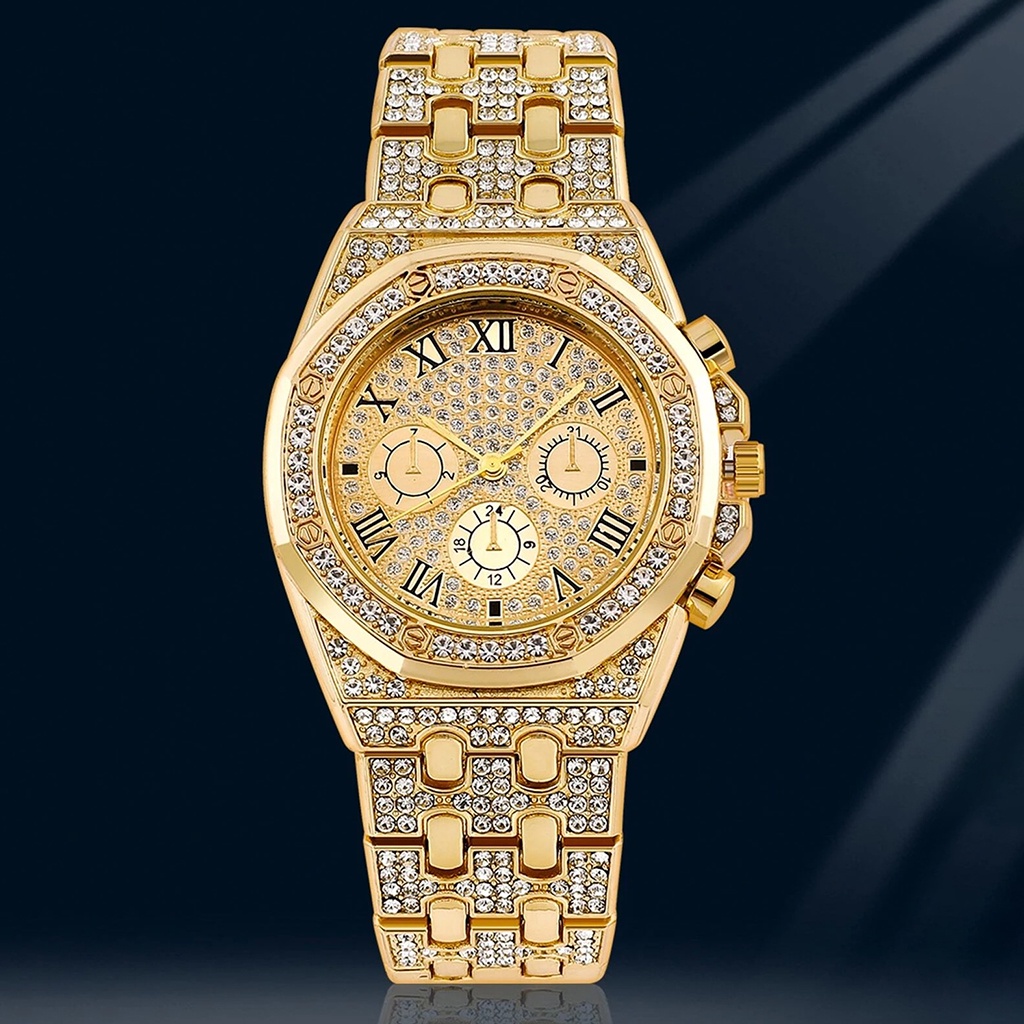 Đồng Hồ Quartz Nam Mặt Tròn Đính Hột Xoàn