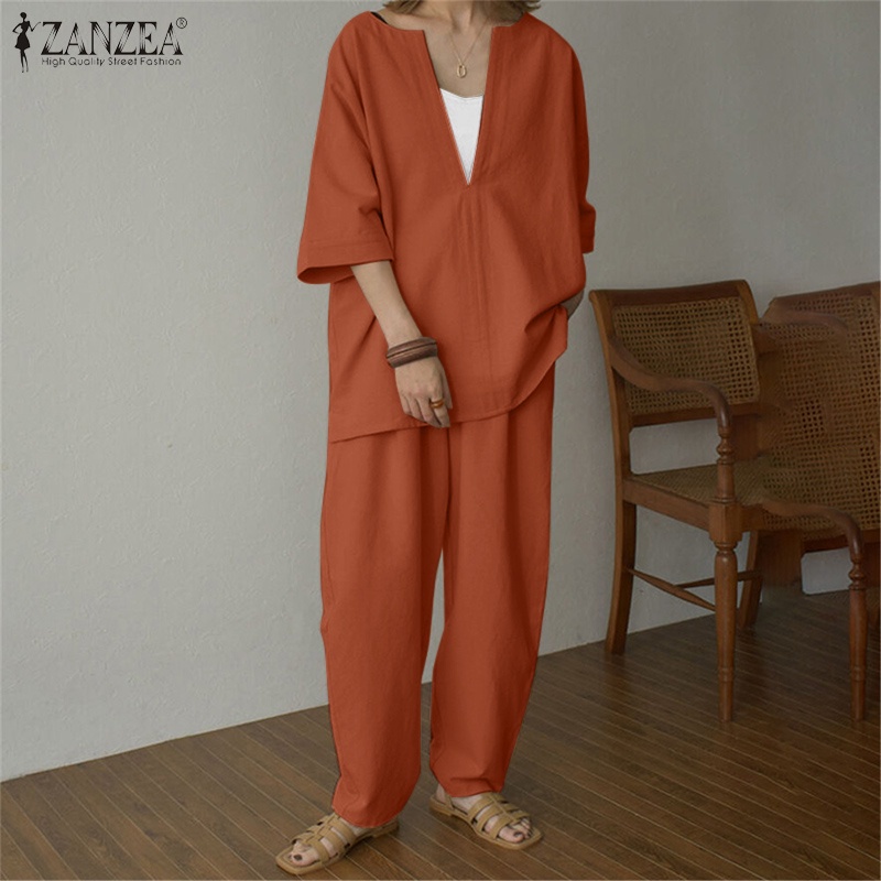 Bộ đồ ZANZEA cổ chữ V tay lỡ phối túi với quần lưng thun đơn giản thời trang dành cho nữ