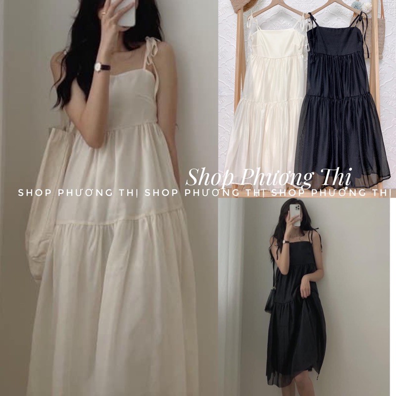 Váy hai dây buộc nơ vai phong cách tiểu thư (hình thật/video/sẵn)