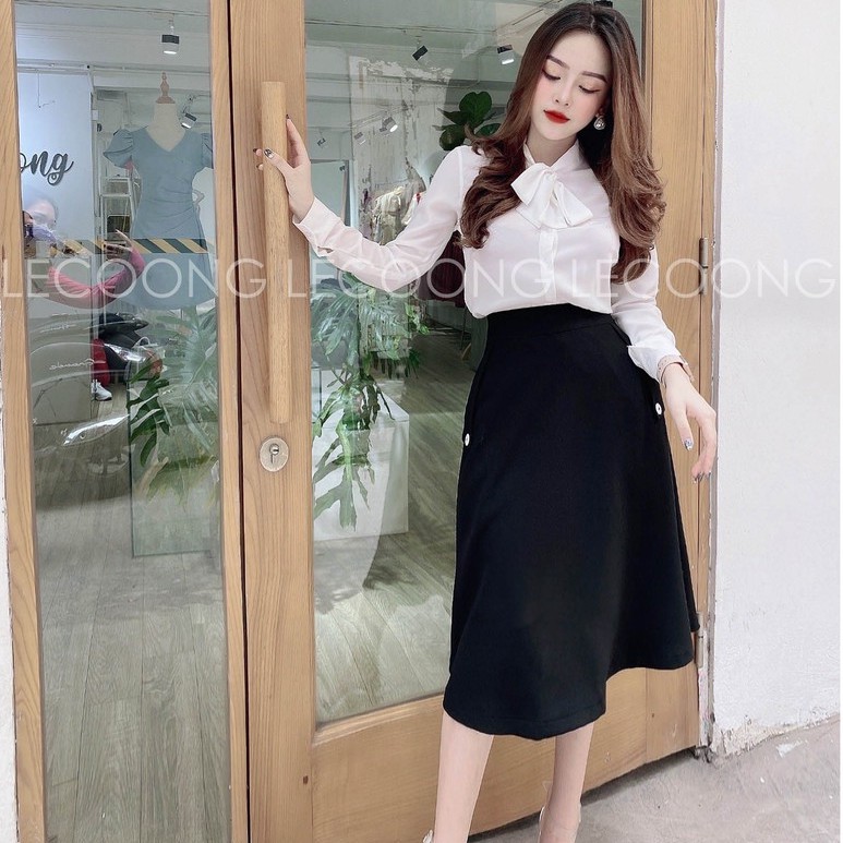 Chân váy A dài đính cúc tuyết mưa Hàn đen_LeCoong CV11