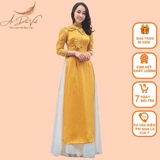 Áo dài voan Vàng lụa tơ sống bóng mềm  Áo dài 4 tà đính nơ cổ Áo Dài Việt