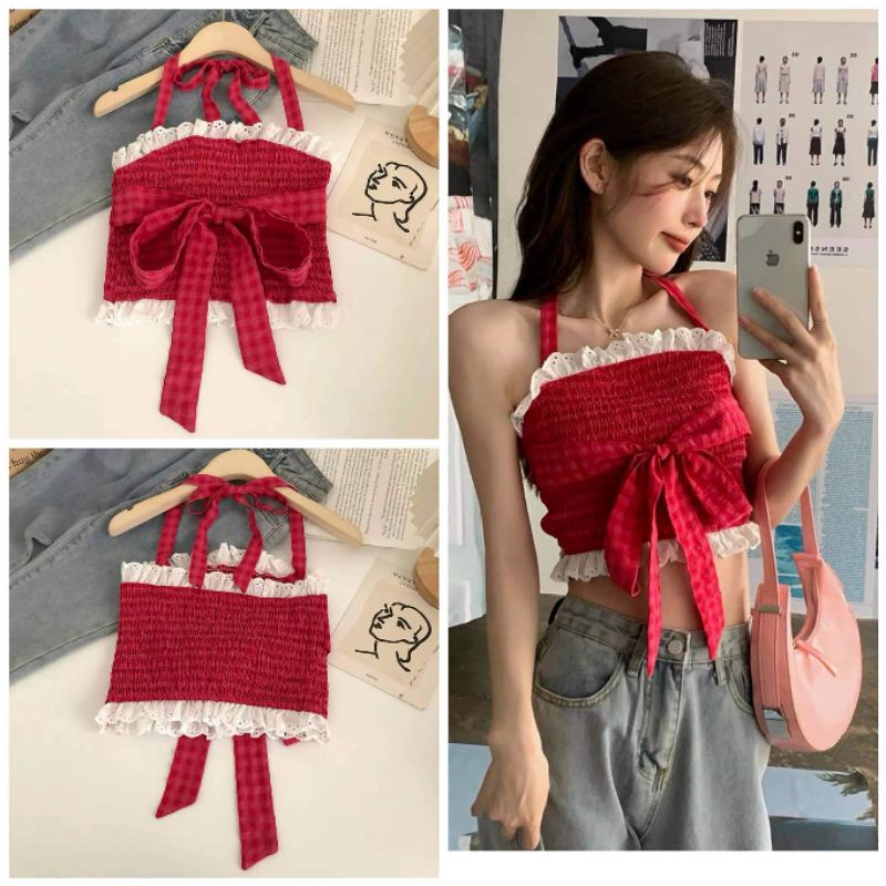 Áo croptop viền buộc nơ hàng QC
