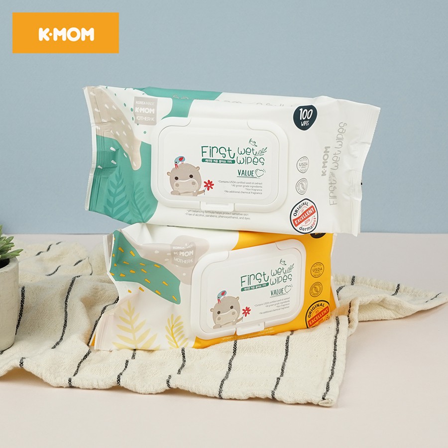 Khăn ướt/ Giấy ướt cao cấp K-mom Hàn Quốc vân nổi CÓ NẮP/ KHÔNG NẮP (100C)