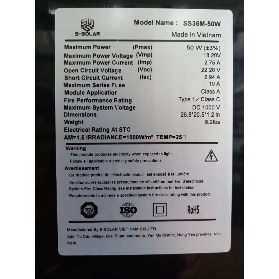 Tấm pin năng lượng mặt trời Mono 50W Fullblack