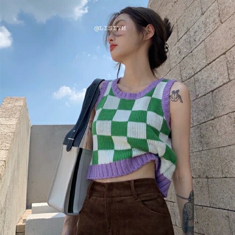 Áo Gile Len Kẻ Caro Phối Viền Hàn Quốc Cộc Tay Dáng Croptop