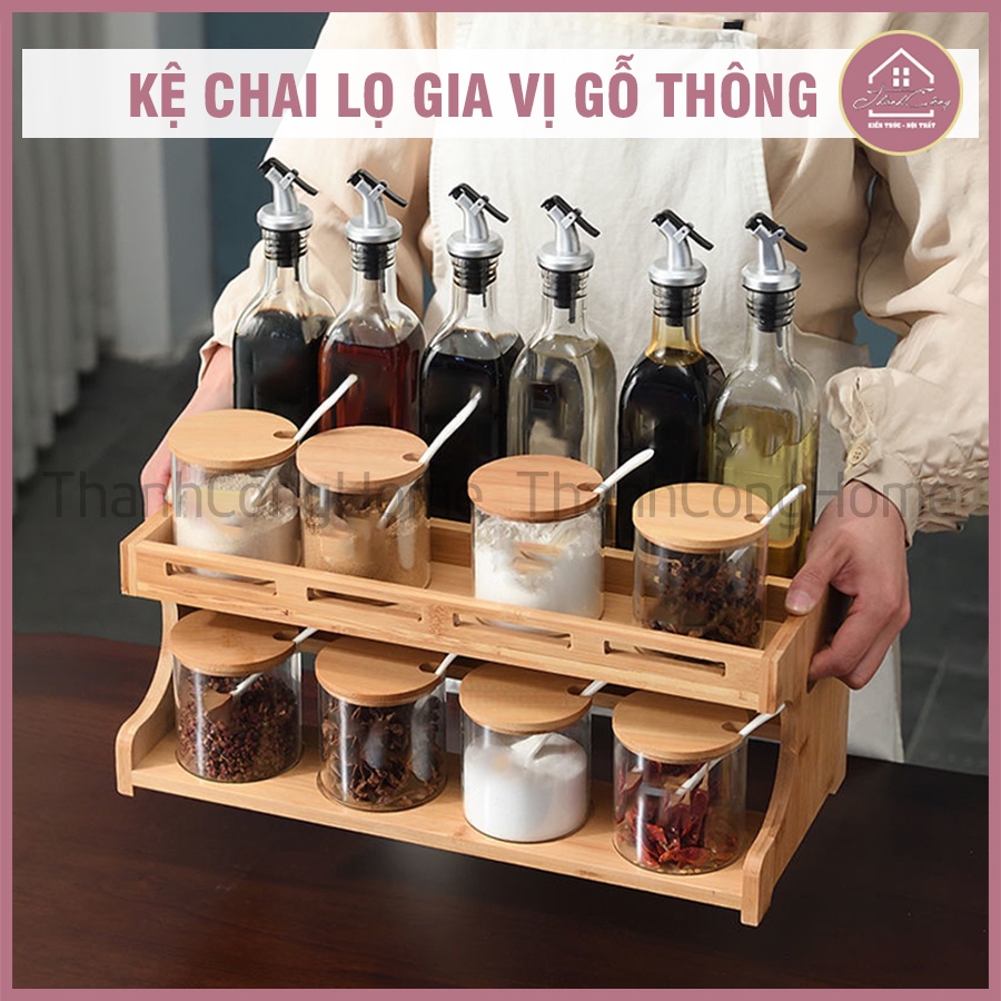 Giá Chai Lọ 2 Tầng, Kệ Gỗ Đựng Hũ Gia Vị, Giá Để Gia Vị, Chai Dầu Ăn, Cao Su Sơn Pu Cực Đẹp
