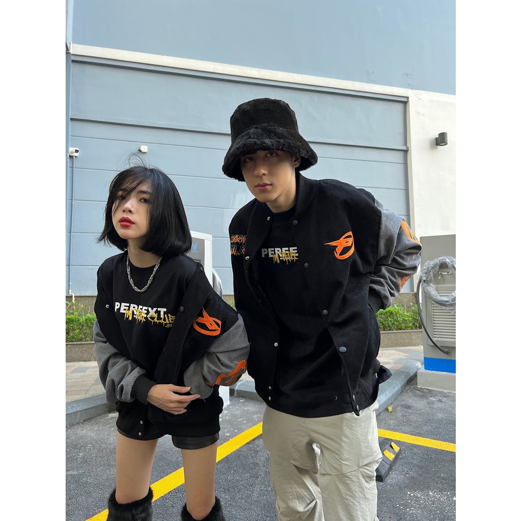 Áo khoác Perfext Varsity Jacket Nhung Tăm Lót Dù, Hoạ Tiết Thêu