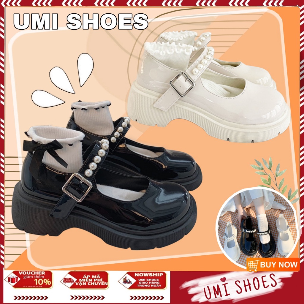 Giày Lolita Nữ HENBI Mary Quai Ngọc Hột Soàn Da Bóng Màu Đen/Kem Quai Cài Hot Mới Cá Tính Xinh Đẹp Thời Trang