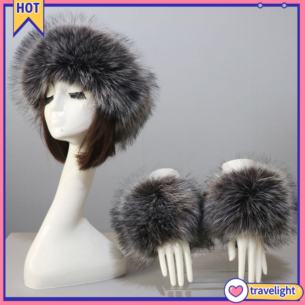 1 Set Băng Đô + Găng Tay + Găng Tay Hở Ngón Bằng Lông Giả Màu Trơn Phối Lông Thú Dành Cho Nữ Trượt Tuyết