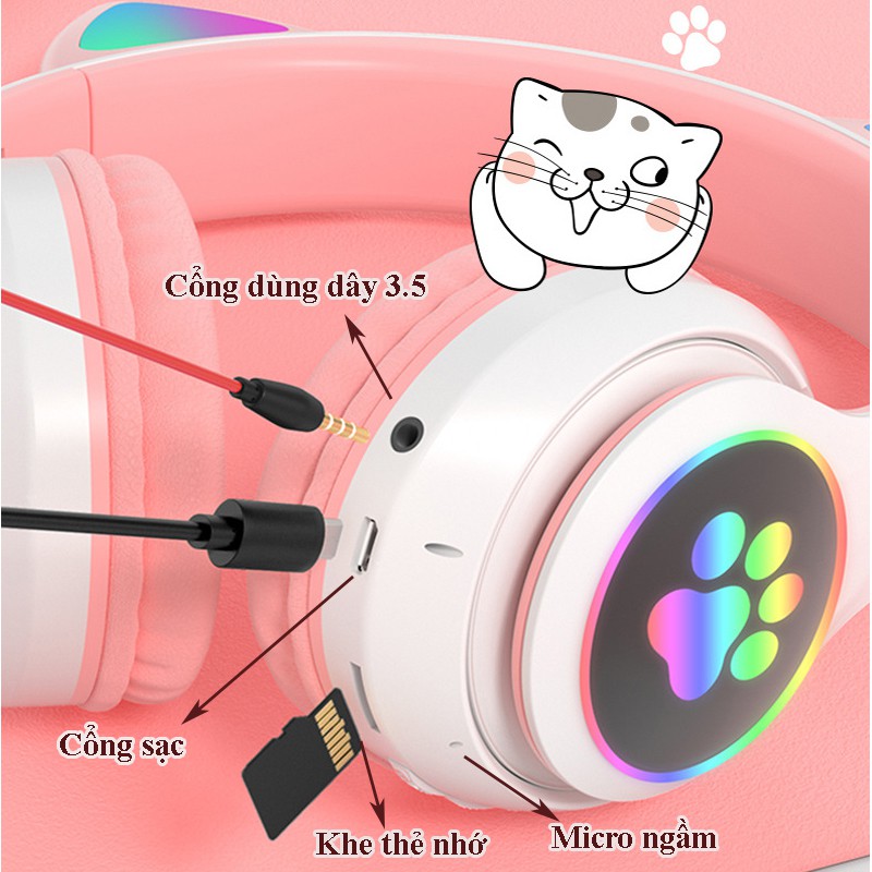 Tai nghe bluetooth có tai mèo cute, Có đèn led đổi màu (Tắt được nếu không muốn sử dụng), Headphone cao cấp chính hãng | BigBuy360 - bigbuy360.vn