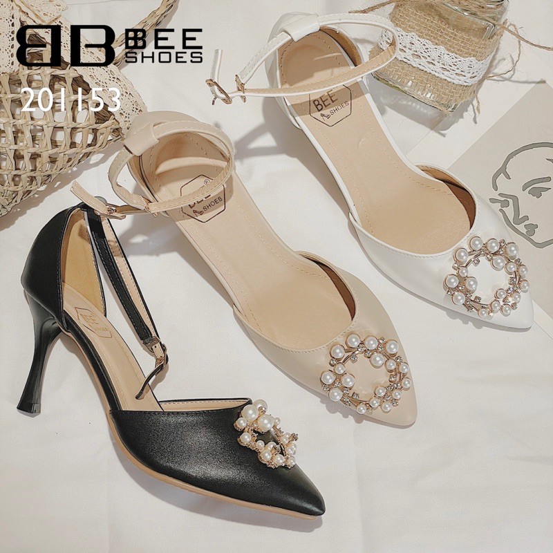 BEESHOES - GIÀY CAO GÓT NỮ MŨI NHỌN ĐÁ TRÒN NGỌC - GIÀY CAO GÓT NỮ GÓT NHỌN CAO 7 PHÂN SẴN MÀU TRẮNG - BE 201153