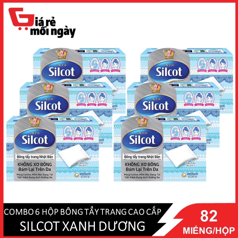 Combo 6 hộp bông tẩy trang cao cấp Silcot Xanh dương 82 miếng/hộpX6