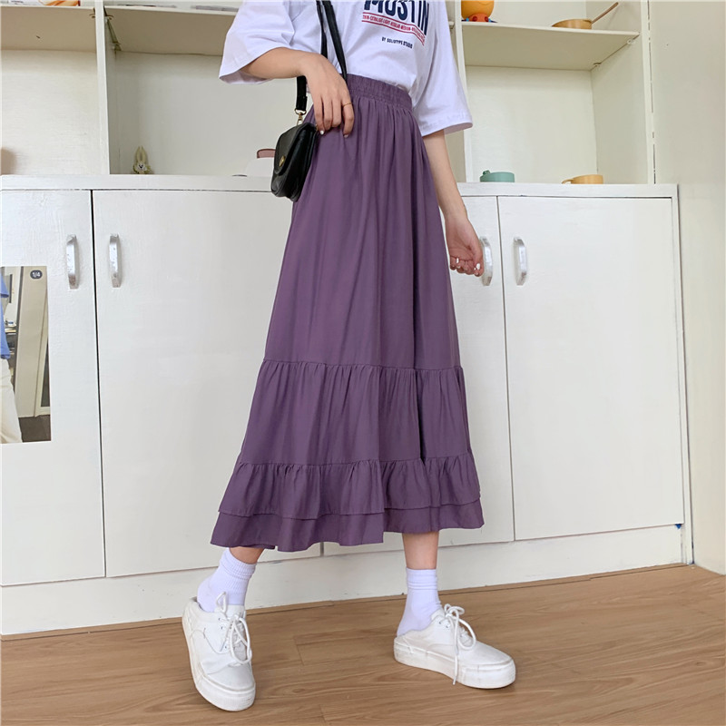 Chân váy nữ ulzzang hàn quốc qua gối, Đầm midi nữ dáng xòe lưng cao đuôi cá màu trắng tím thời trang du lịch công sở