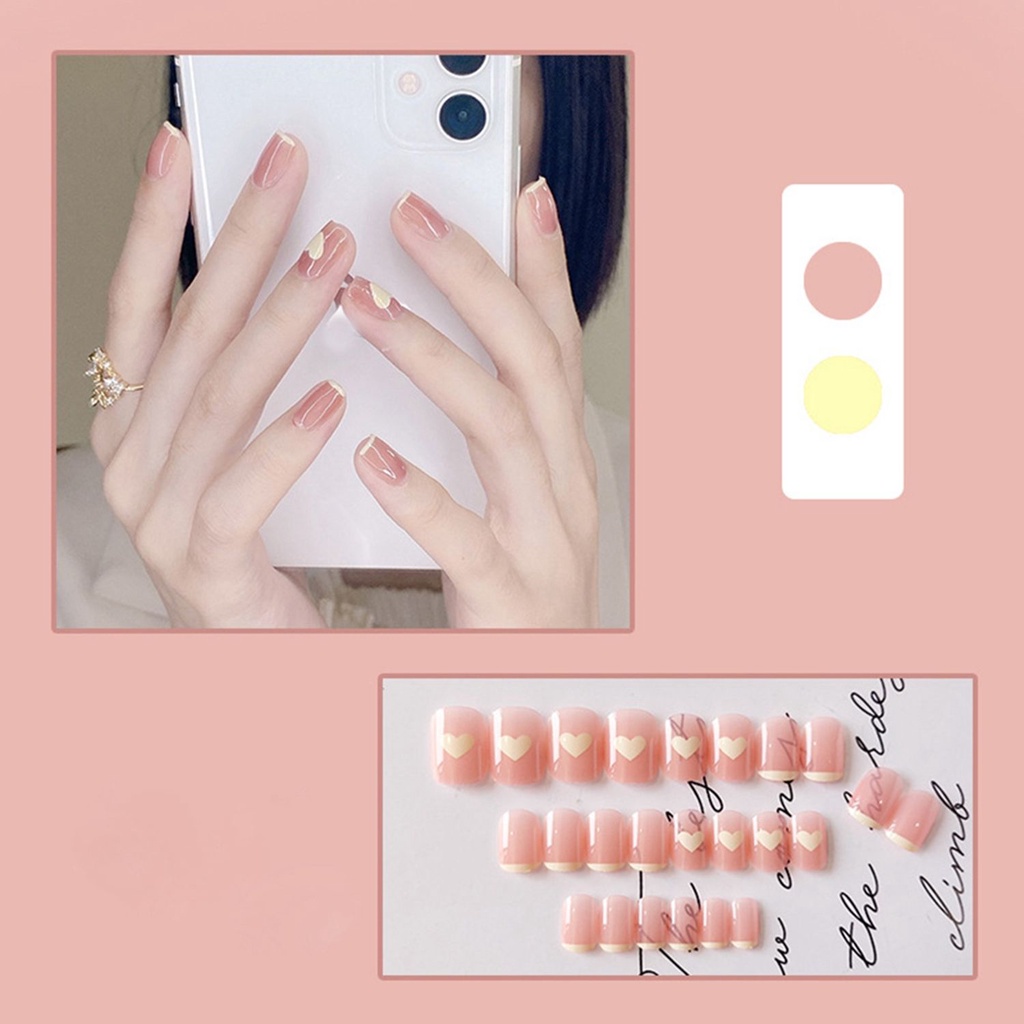 [Hàng mới về] Hộp 24 móng tay giả đầu tròn/ vuông họa tiết trái tim có thể tháo rời