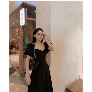 ĐẦM MIDI ĐEN CỔ TIM TAY BỒNG
