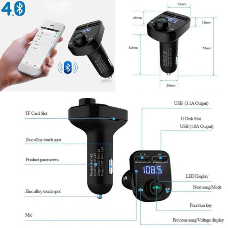 Tẩu Nghe Nhạc Bluetooth Kiêm Sạc Điện Thoại Đa Năng Cho Ô Tô Xe Hơi Hyundai HY-82 (Hỗ trợ chơi nhạc thẻ nhớ và USB)