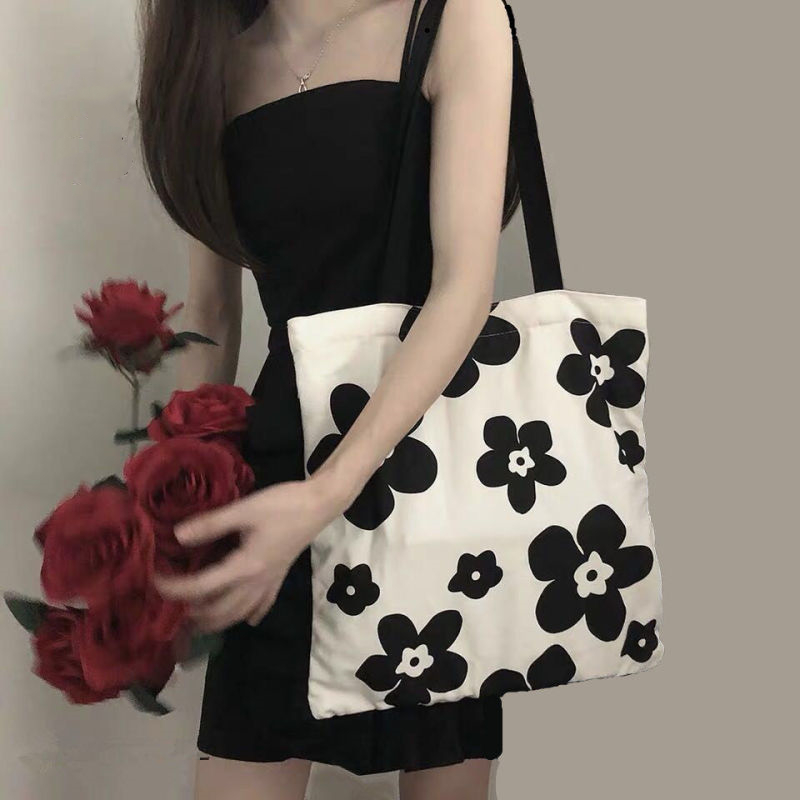 Túi Tote Đeo Vai / Xách Tay / Đeo Vai / Xách Tay Bằng Vải Bạt Họa Tiết Hoa Màu Trắng Đen Phong Cách Hàn Quốc Dễ Phối Đồ Thời Trang Cho Nữ