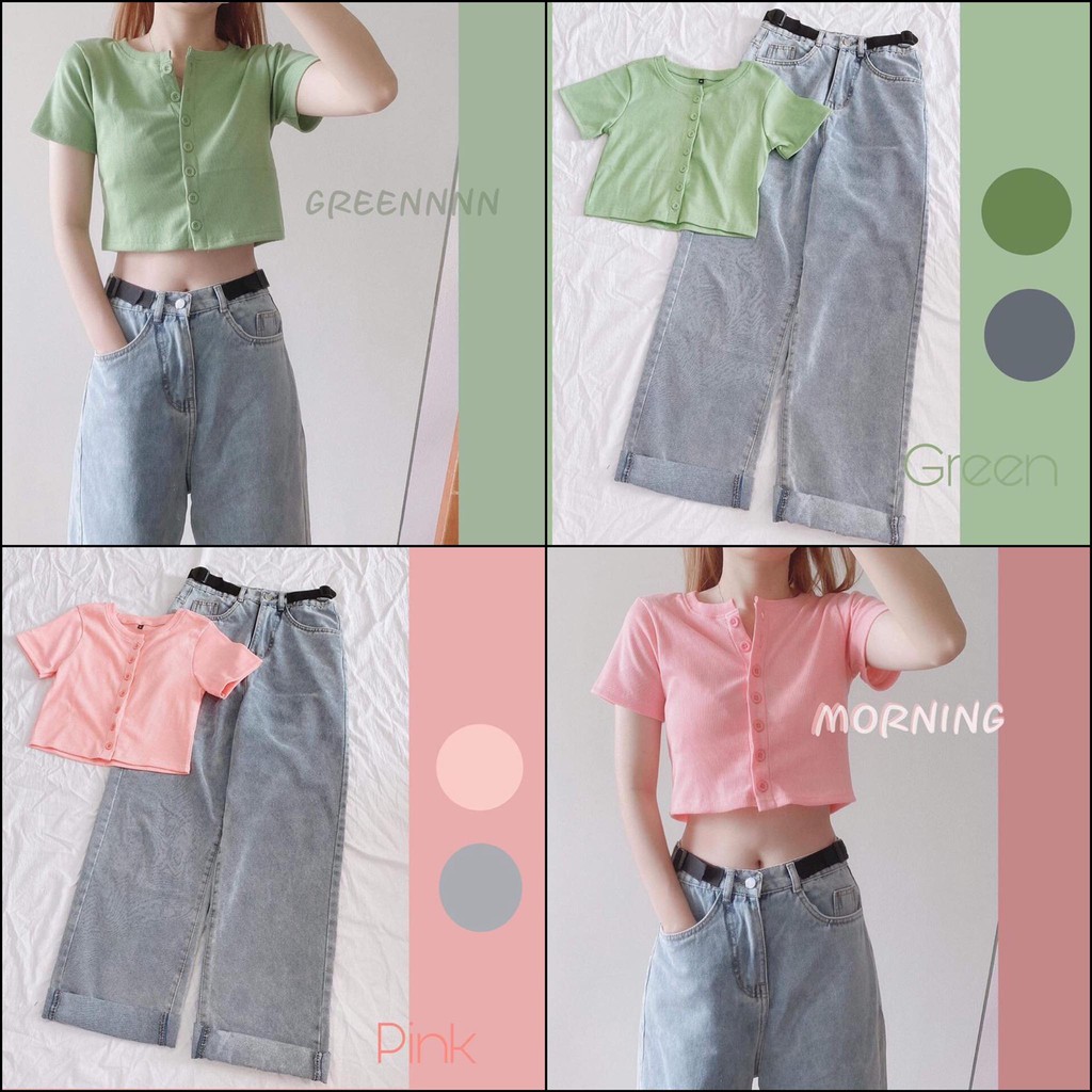 Áo Croptop nút tay ngắn hình thật