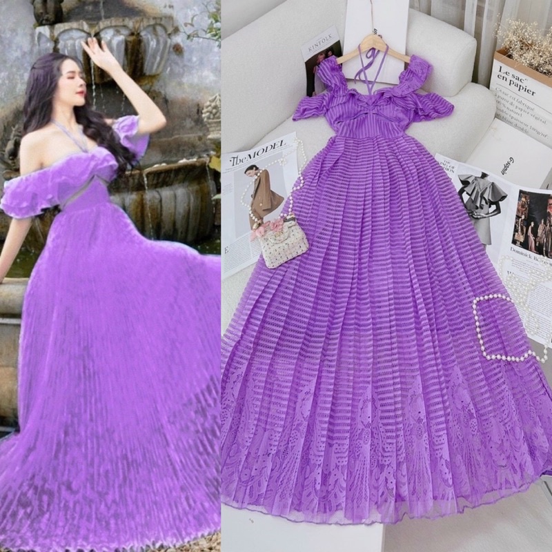 Đầm maxi ren tím dập xếp ly khoét, váy dài bẹt/trễ/rớt vai sang trọng, thời trang nữ đi chơi/biển du lịch chụp hình