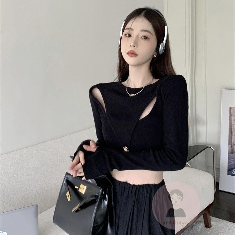 Áo Thun Dệt Kim Tay Dài Cổ Tròn Màu Sắc Đơn Giản Dành Cho Nữ