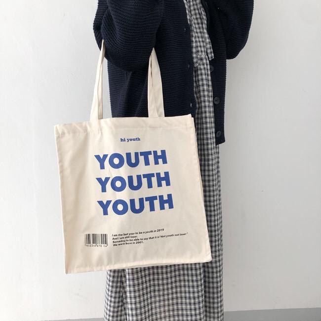 Túi tote vải chữ vintage YOUTH màu trắng ulzzang kiểu đeo vai nữ Hàn Quốc phom to đi học đi chơi