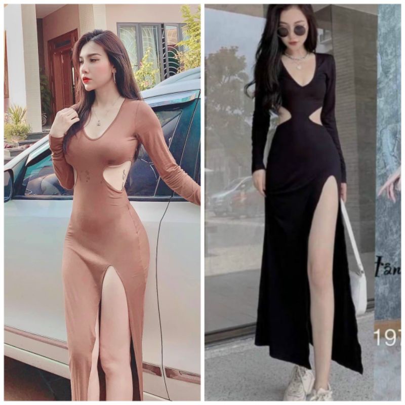 Đầm Thun Ôm Body Tay Dài Cổ V Dáng Dài Maxi Xẻ Tà Khoét Eo Sexy