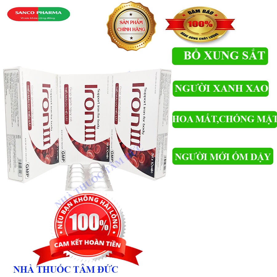 Viên bổ xung sắt IRON III,dùng cho trường hợp thiếu máu,phụ nữ mang thai, người mệt mỏi, hoa mắt, chóng mặt,da xanh xao.