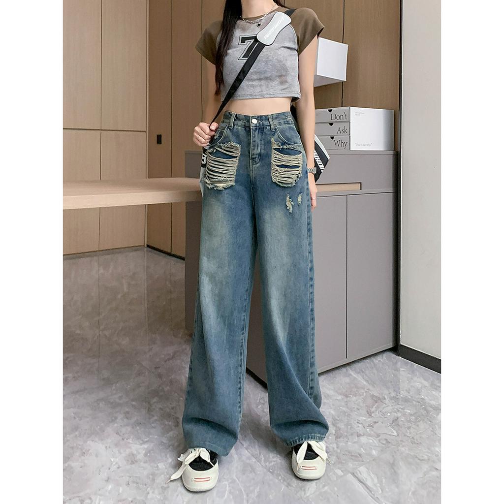 Ethelgirl Quần Jean Nữ Ống Rộng Lưng Cao Phong Cách Cổ Điển Mỹ