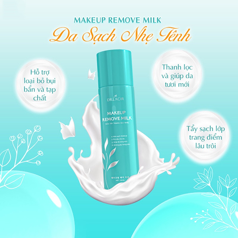 Combo sữa tẩy trang dịu nhẹ makeup remove milk DR.LACIR Chai 120ml và bông tẩy trang cosmetic cotton DR.LACIR 222 mếng