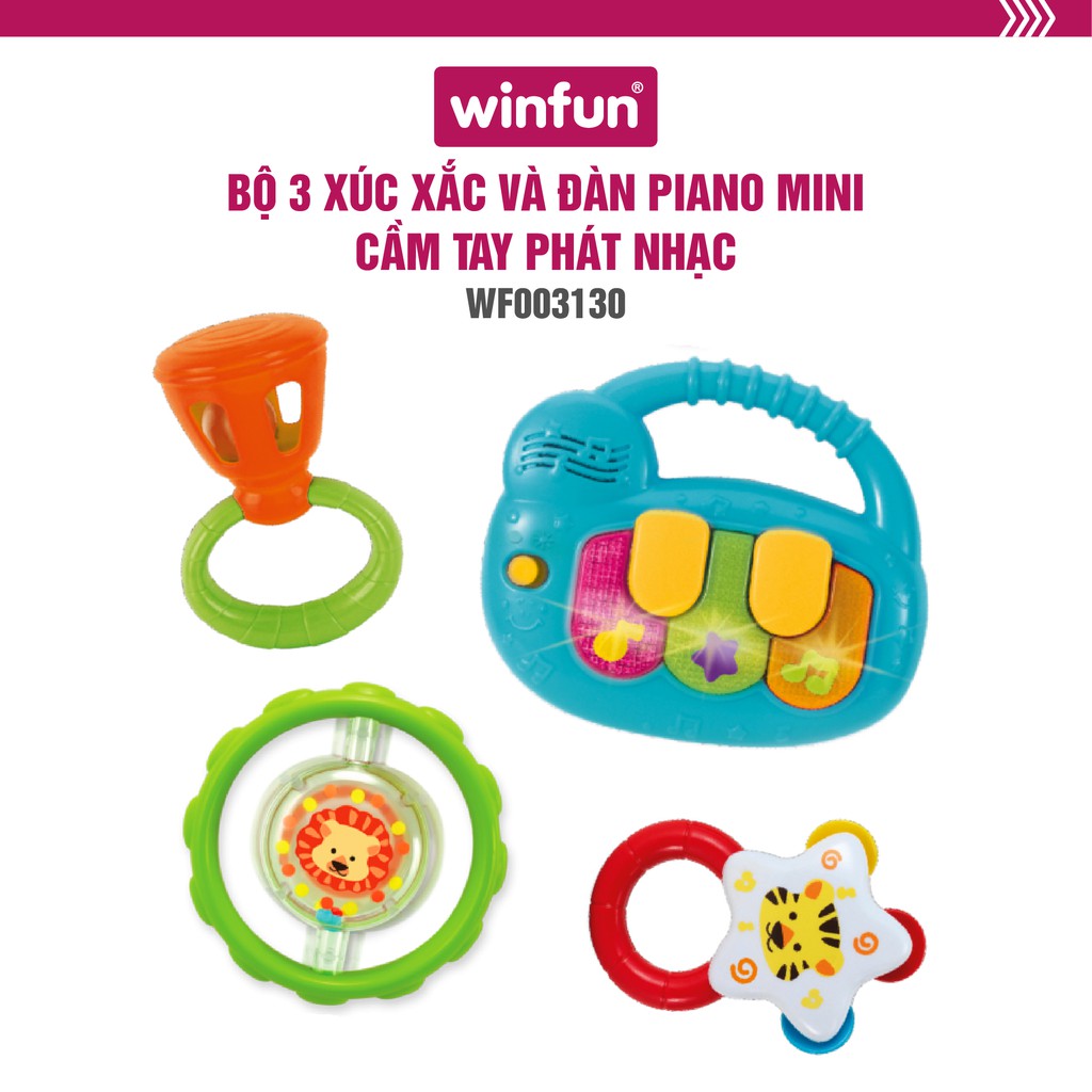 Set 4 món đồ chơi âm nhạc đàn Piano/Guitar kèm xúc xắc lục lạc cầm tay Winfun 3130/3131 cho bé 3 tới 18 tháng