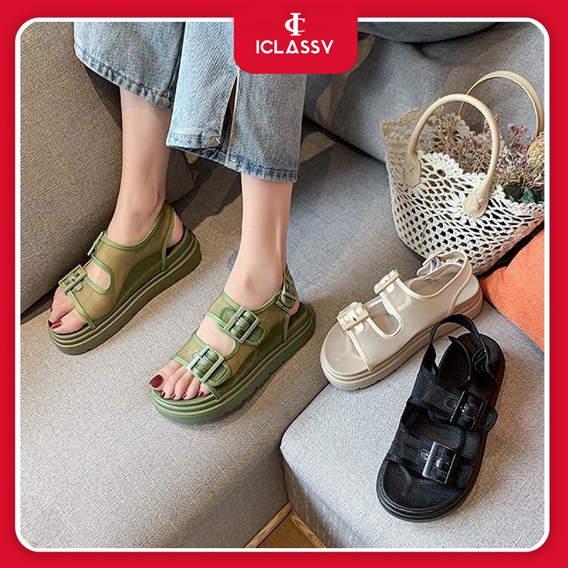 Sandal Nữ Ulzzang Vintage, Giày Sandal 2 Quai Ngang Vải Lưới Đế Cao Su Độn 3cm Hàn Quốc, Street Style - Iclassy_shoes