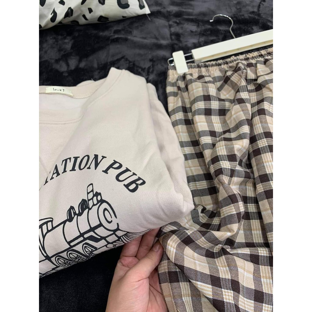 Bộ Nỉ NORTH Culottes Kẻ Tàu Hoả Nữ Unisex - Set sweater nỉ bông tay bồng mix quần suông ống rộng caro Ulzzang | BigBuy360 - bigbuy360.vn