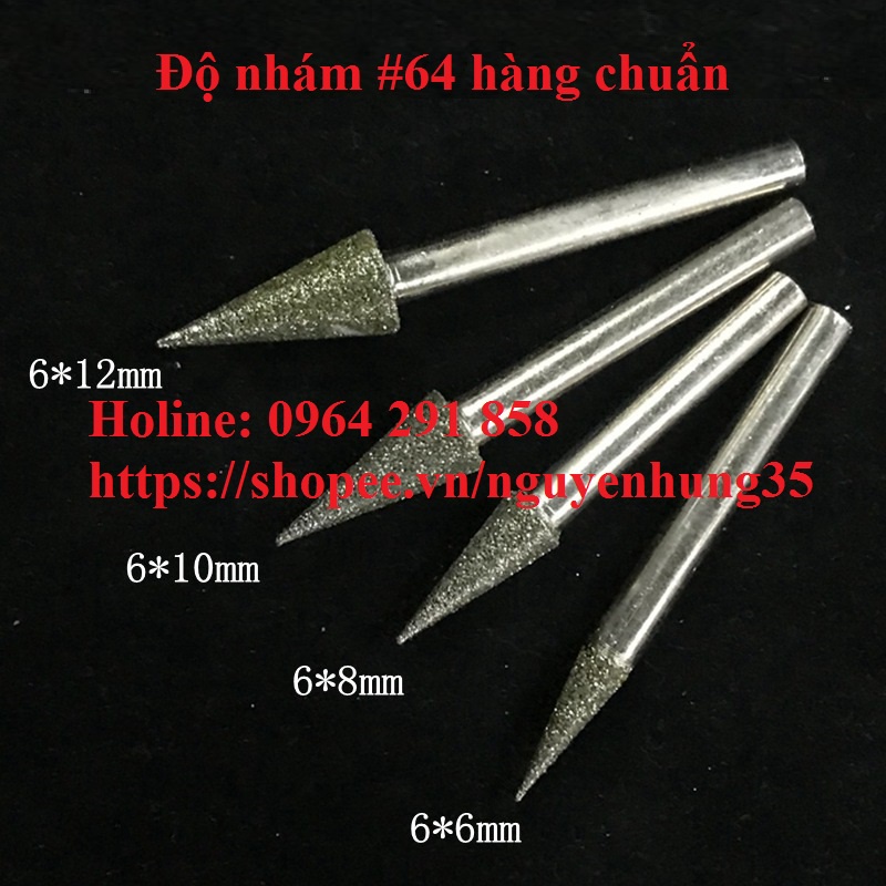 Mũi mài kim cương nhọn, mũi mài khắc đá, ngọc trục 6mm (giá 1 mũi)