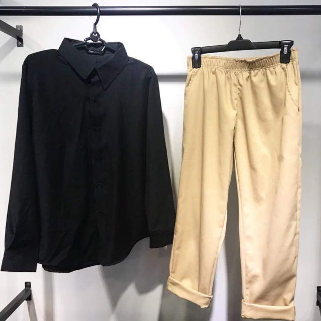 COMBO TIỆN LỢI(SET UNISEX ÁO SƠMI BASIC ĐEN&amp;QUẦN TÂY TAN) SIZE M L XL