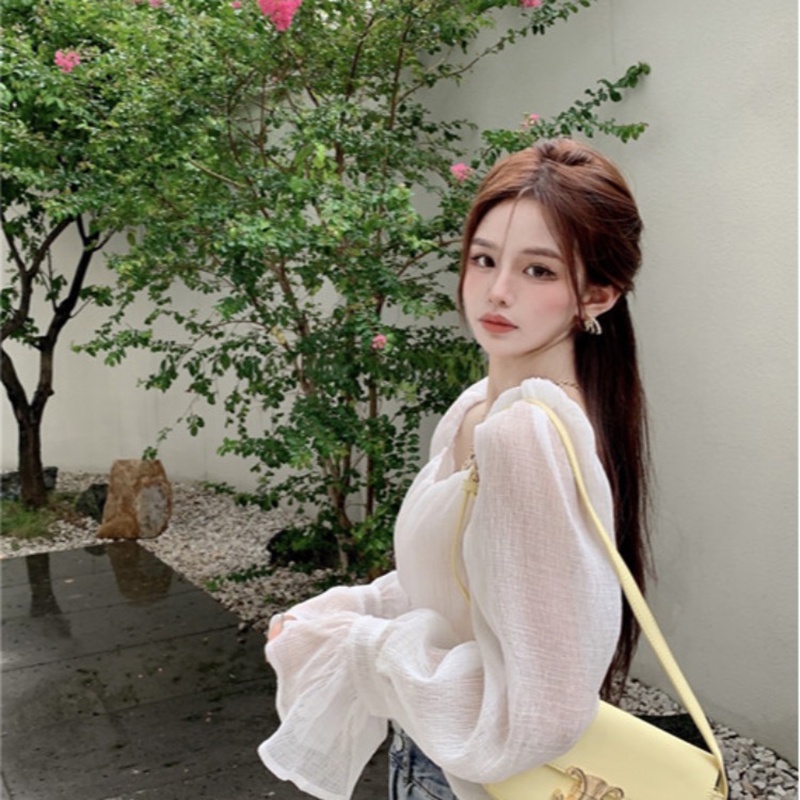 Áo chiffon IELGY tay loe có khóa kéo phong cách Pháp thời trang cho nữ