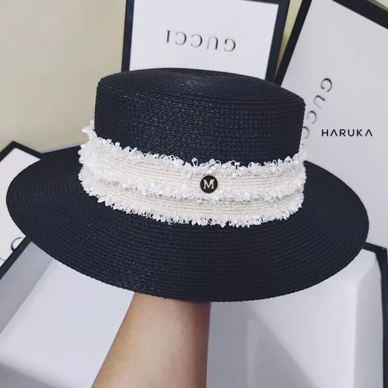 Mũ cói đi biển vành nhỏ nhiều màu đai tua rua trắng sang chảnh