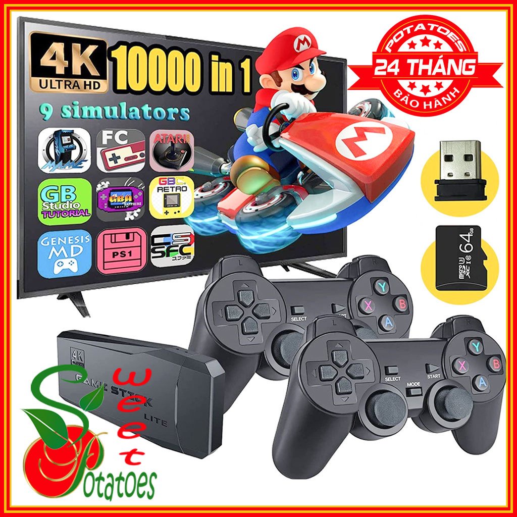 Máy Chơi Game Stick 4K 4 Nút HDMI Không Dây Hơn 3500 -10000 Trò Chơi Cổ Điển PS1/ATARI/MAME/SFC/FC/GBA/GB/GBC/MD