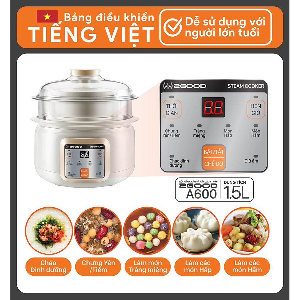 Nồi Hầm Cháo Cách Thủy 2 Tầng 2GOOD A600 (1.5L) - Hàng Chính Hãng